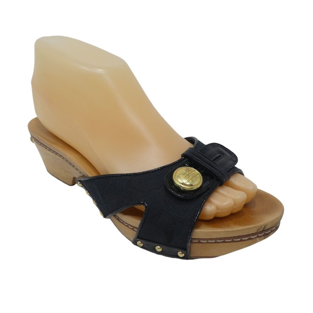 Coach Lee Signature Slide Sandals Womens 7.5 Black Wood Heel Platform Chunky